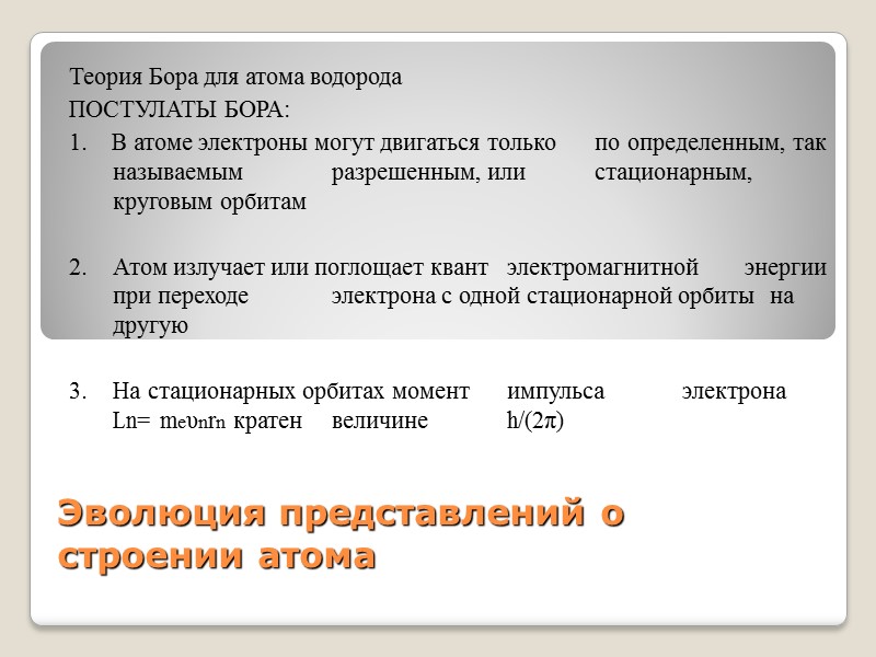 Эволюция представлений о строении атома Теория Бора для атома водорода ПОСТУЛАТЫ БОРА: 1. 
